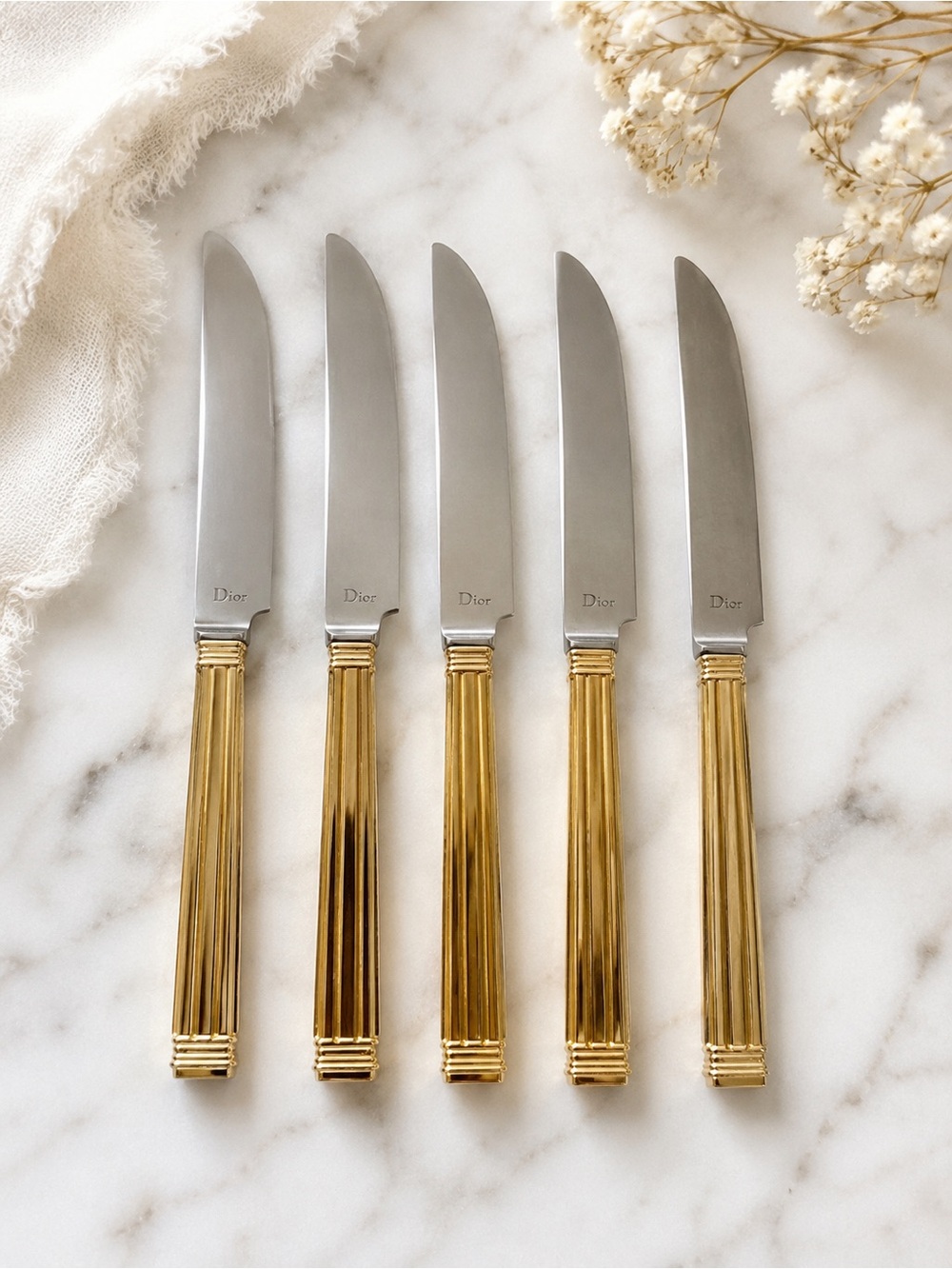 VTG Christian Dior Japan Gold Tone Dinner Knives Set of 5